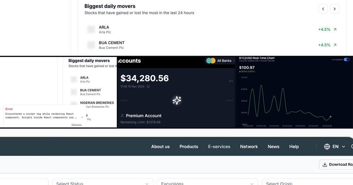 A grid of cropped screenshots from the audited apps: identical fake stock deltas, a mismatched-currency account card, a raw React error overlay, and a marketing nav bolted onto an internal ops table.